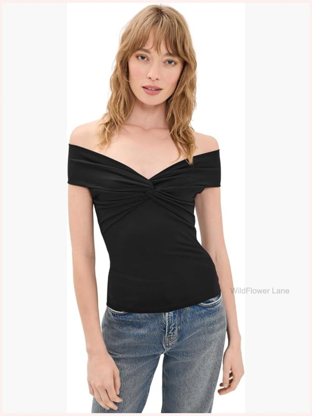 Off Shoulder Twist Top Knot Detail Short Cap Sleeves Fitted Stretch Jersey